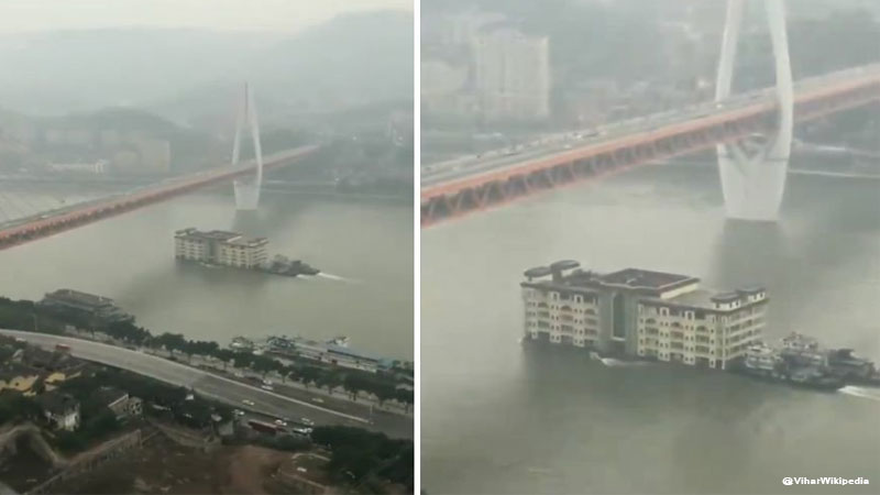building floating across China river