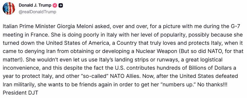 Trump Slams Italy PM Meloni